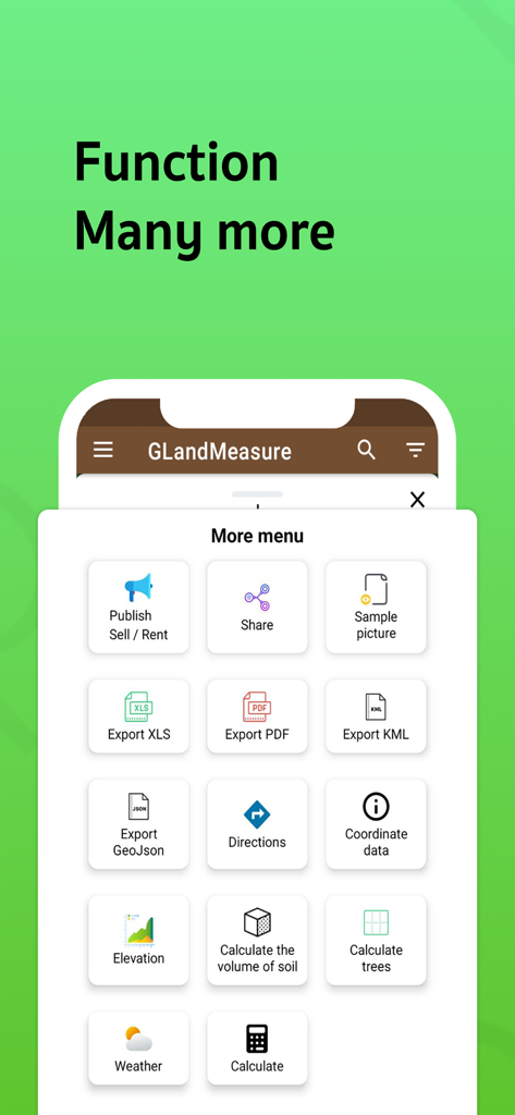 GLandMeasure menu showing export options and land analysis tools