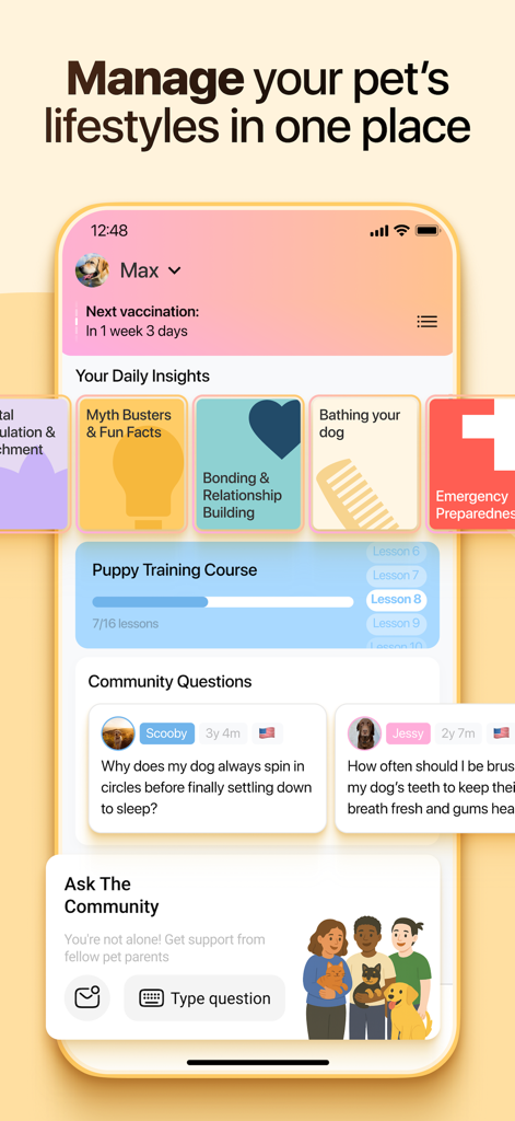 Dosty app interface for managing pet schedules and community advice
