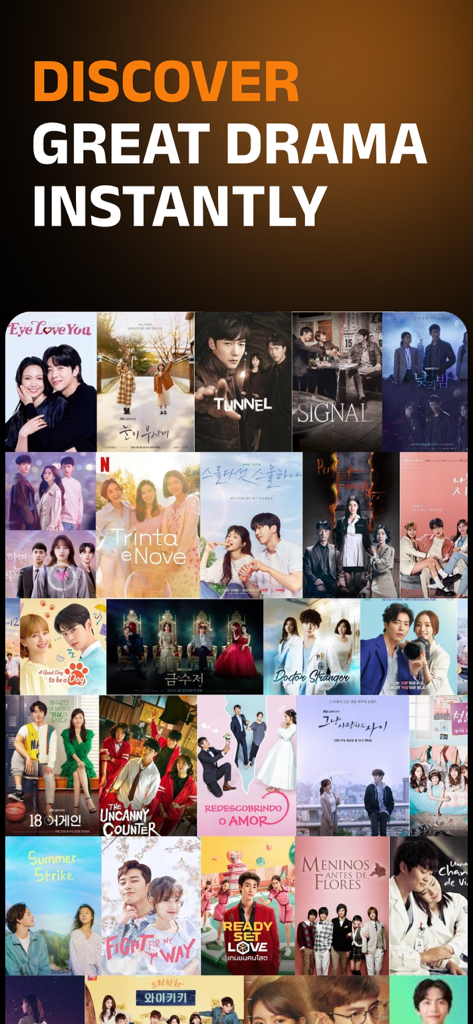 KissKh app screen showing a variety of Asian drama posters with the text discover great drama instantly