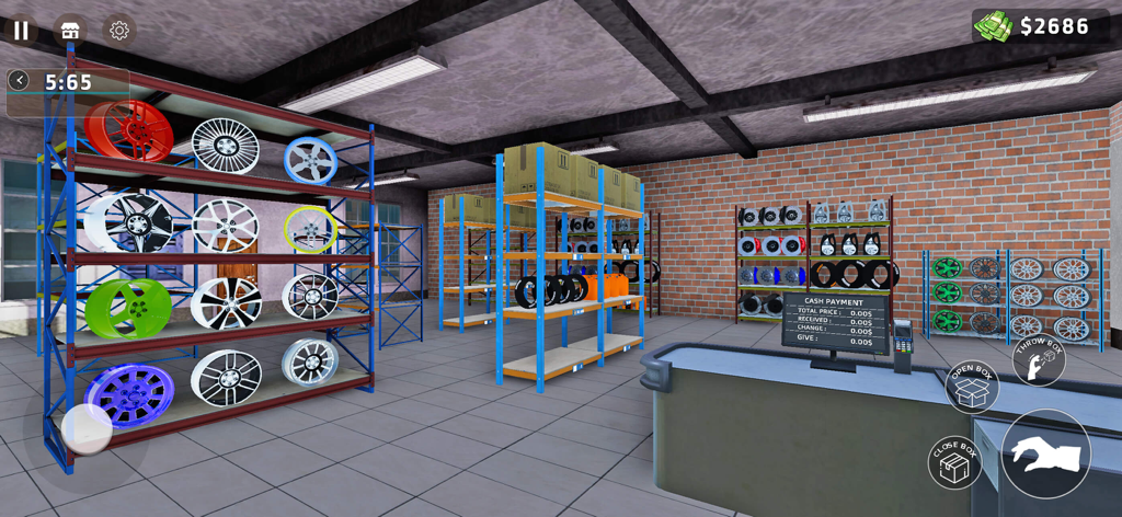 My Car Mechanic Shop Simulator - Interior view of a car mechanic shop simulator showing shelves of rims and a checkout area