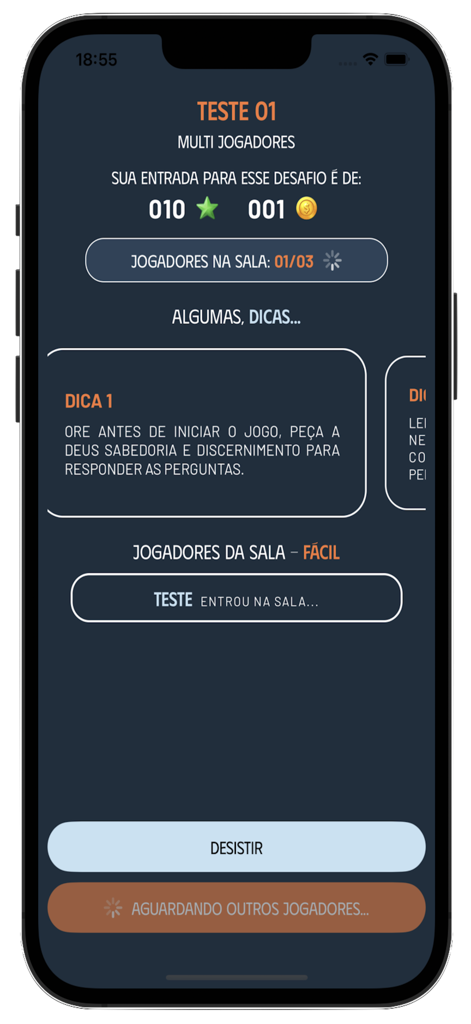 Bíblia Play - Lobby de jogo multijogador no aplicativo Biblia Play mostrando uma sala de espera para um desafio de trivia bíblica.