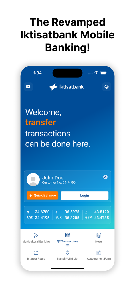 iktisatbank - Pantalla de inicio de la aplicación de banca móvil de Iktisatbank que muestra opciones de inicio de sesión, tipos de cambio de divisas y funciones de transferencia