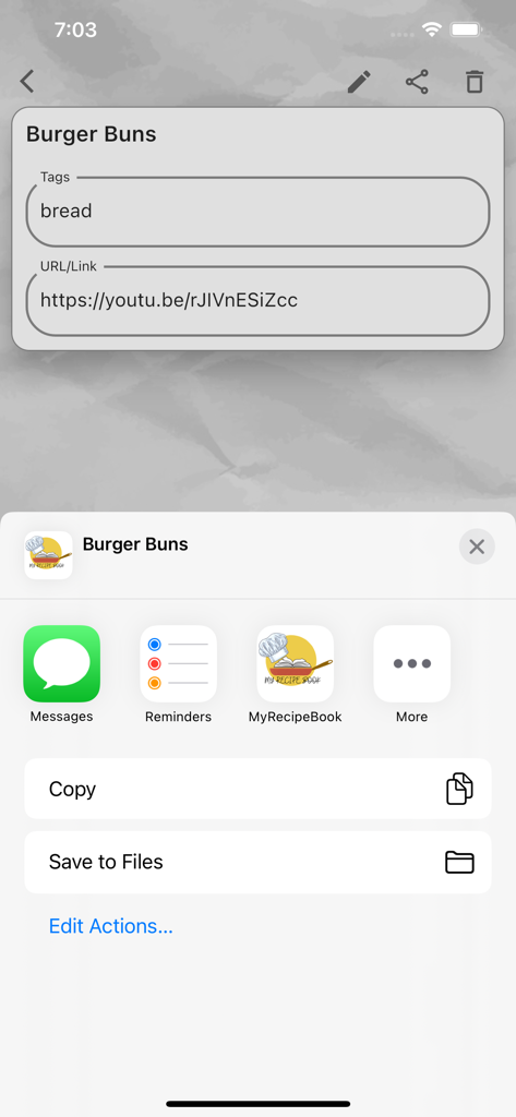 Oberfläche der Mein Kochbuch App, die die Freigabeoptionen für ein Burger-Brötchen-Rezept mit einem YouTube-Link zeigt.