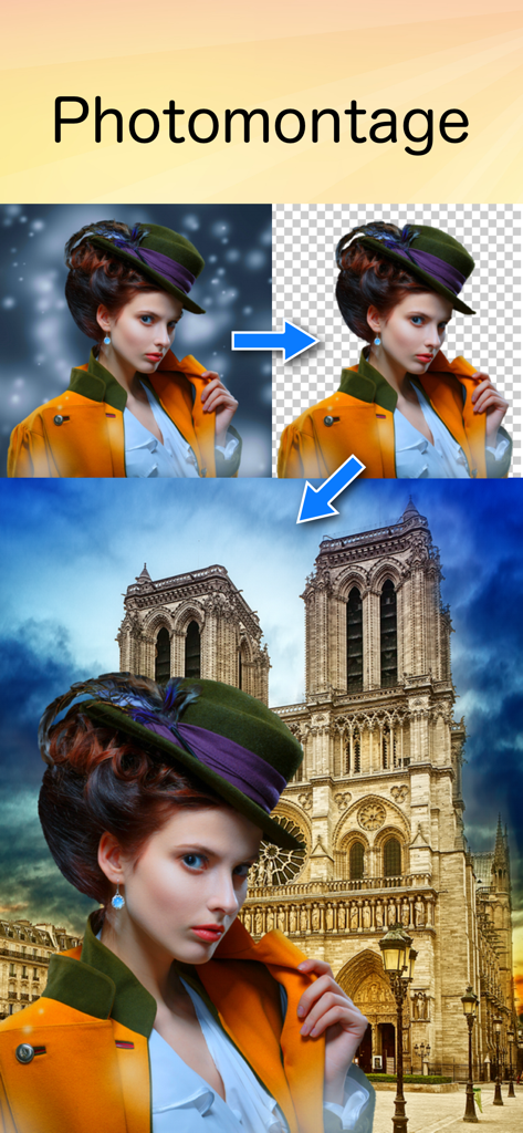 A step-by-step visual guide showing how to remove a background and create a photomontage of a woman in front of a cathedral.