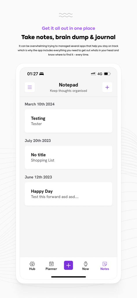 Thruday app notepad interface for brain dumping thoughts and journaling
