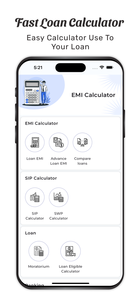 Fast Loan Calculator app dashboard showing EMI and loan planning options