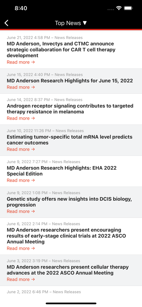 Top News screen in the MD Anderson Mobile app displaying a list of cancer research news releases and articles.