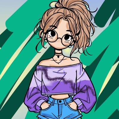 girl with a messy ponytail glasses a baggy crop top and jean shorts