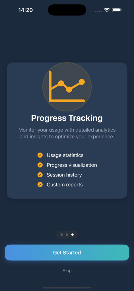 Interface of the Tinnitus Relief app showing progress tracking features including usage statistics and session history