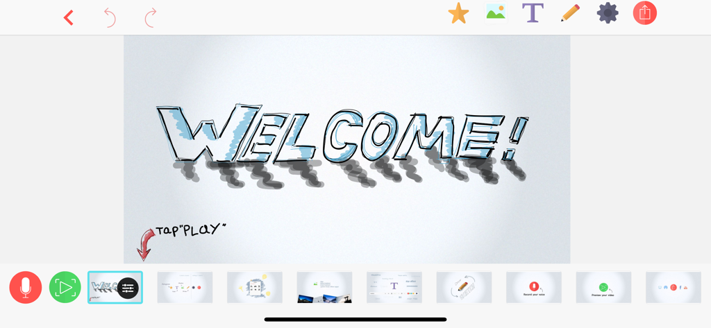 Vidra - Video Presentations - User interface of Vidra video presentation app showing a hand-drawn welcome slide and editing timeline.