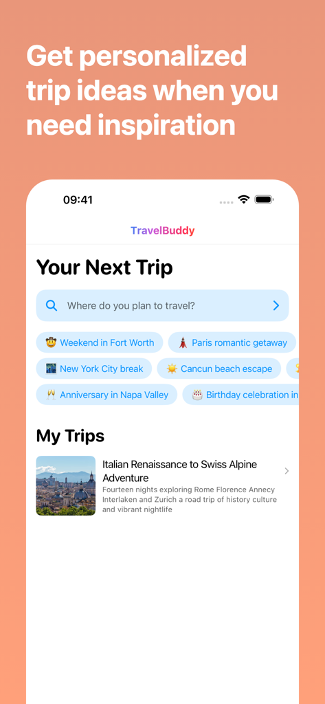Smartphone-Bildschirm von TravelBuddy AI, der personalisierte Reiseideen und einen geplanten italienischen Roadtrip anzeigt