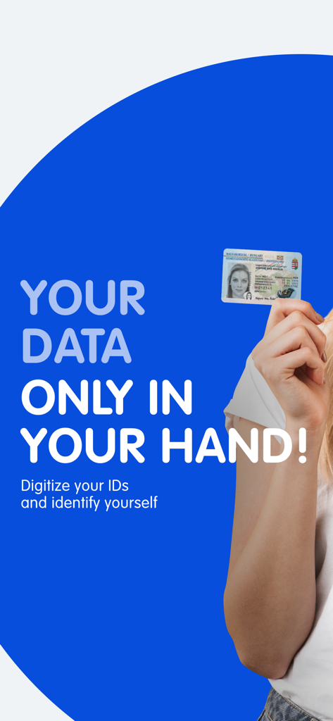 A woman holding a physical ID card with promotional text about secure data storage in the GoodID app