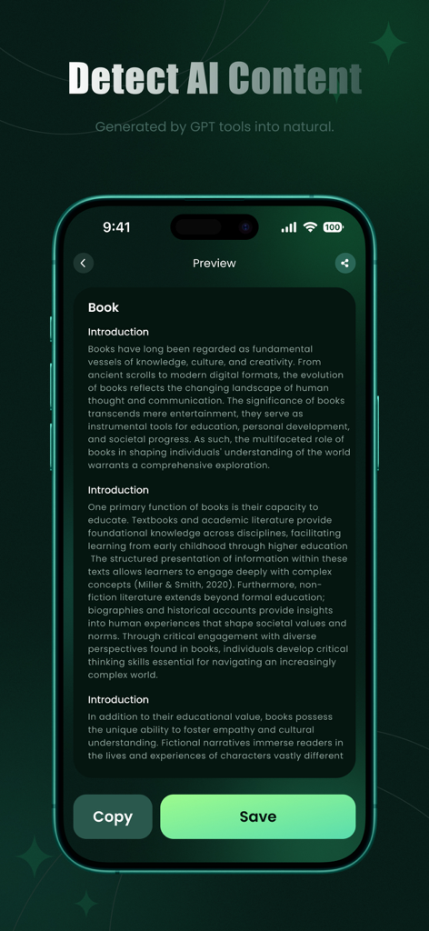 Écran d'aperçu de l'application Undetect AI montrant le texte humanisé avec des boutons de copie et d'enregistrement.