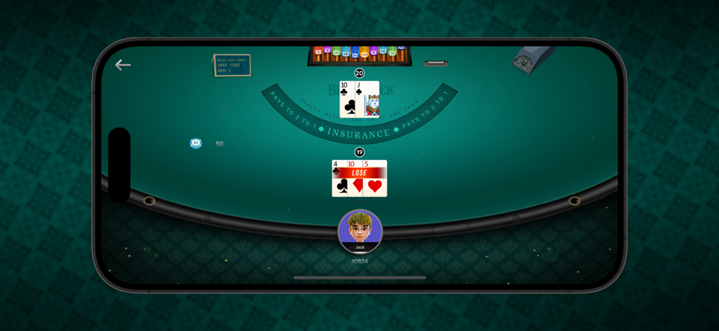 Blackjack 21 : Cards Game - Eine minimalistische Blackjack-Kartenspieloberfläche auf einem Smartphone-Bildschirm, die zeigt, wie ein Spieler eine Runde gegen den Dealer verliert.