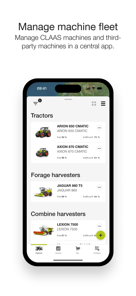 CLAAS connect - CLAAS connect App zeigt den Bildschirm für das Flottenmanagement mit Traktoren und Mähdreschern