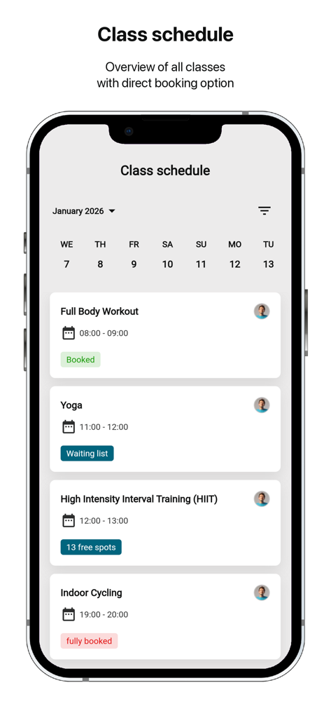 NonStop Gym - Interfaccia dell'app NonStop Gym che mostra un programma settimanale di corsi di fitness con opzioni di prenotazione.