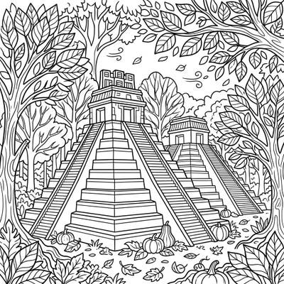 Discover the grandeur of ancient Mayan pyramids surrounded by the cozy beauty of autumn. This intricate coloring page invites you to blend history and nature with warm fall hues.