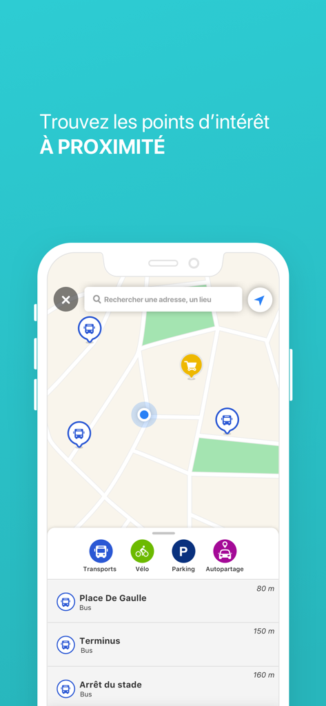 Uma tela de smartphone mostrando a interface de mapa do app TAC Mobilités com pontos de ônibus próximos e pontos de interesse.