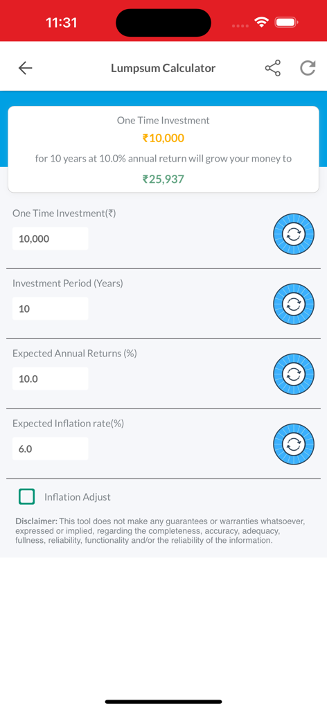 BLUeaNT app Lumpsum Calculator interface showing investment growth projections over 10 years