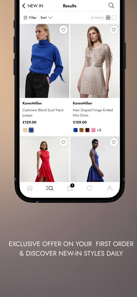 Karen Millen -Women’s Clothing - Karen Millen app interface displaying new luxury fashion arrivals including dresses and knitwear with an exclusive first order offer