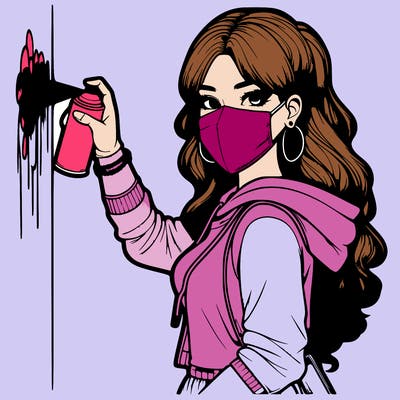 realistic girl with mask spray painting a wall