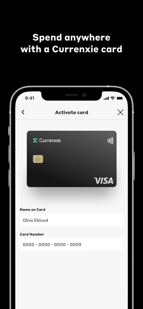 Currenxie Global Account - Interface do aplicativo Currenxie para ativar um cartão Visa empresarial