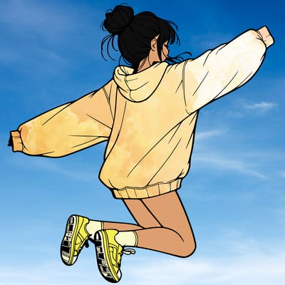 realistic girl jumping with a bun and oversized sweatshirt