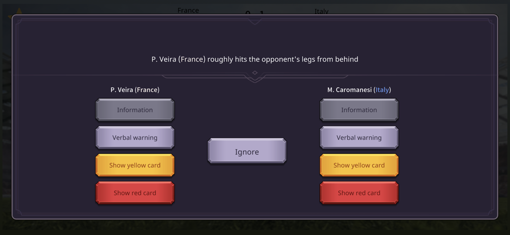 Football Referee Lite - Football Referee Lite game interface showing disciplinary options for a foul in a France versus Italy soccer match