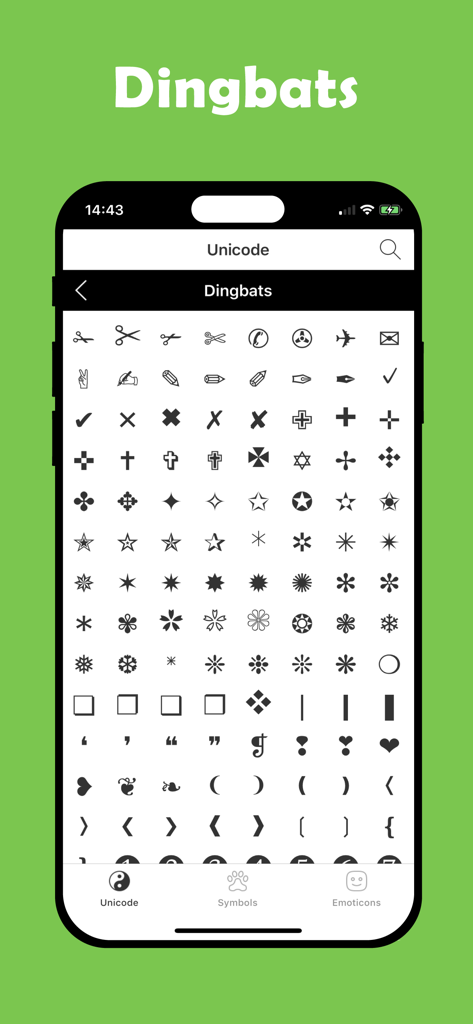 Symbol Pad & Icons for Texting - Mobile app interface displaying a grid of various dingbat symbols and unicode characters for texting
