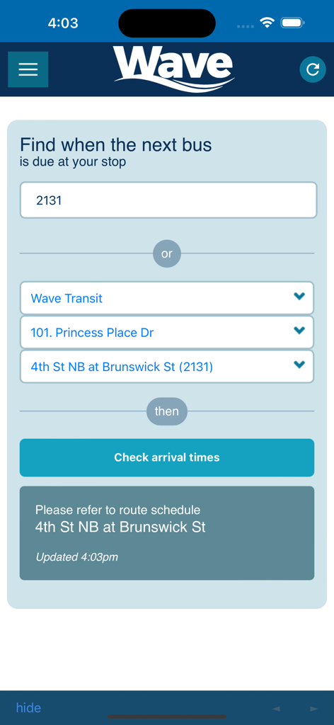 Wave Transit - Wilmington - Interface for checking next bus arrival times at a specific stop in the Wave Transit Wilmington app