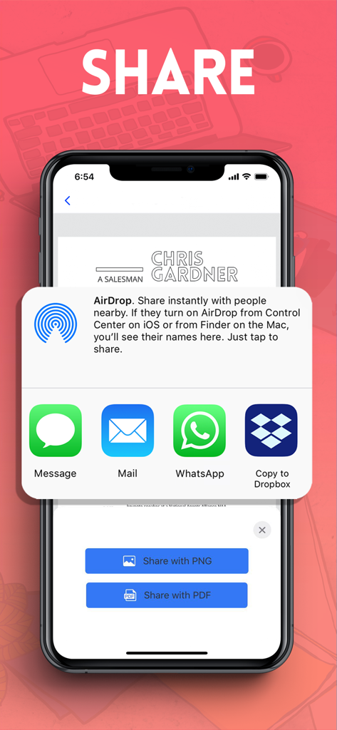 Scanner HD - PDF Scanner App - Écran d'iPhone montrant les options de partage pour les documents numérisés aux formats PDF et PNG via e-mail et services cloud