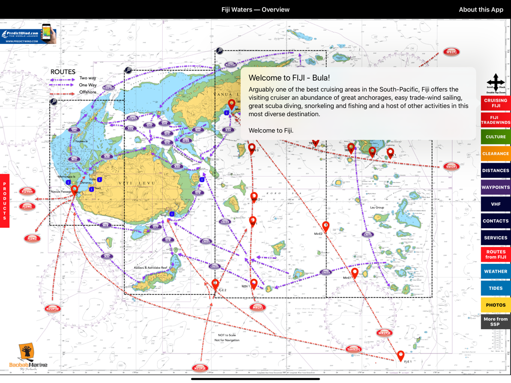 Map of Fiji showing sailing routes and anchorages in the Sail Fiji Cruising Guide app