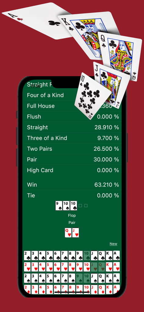 Texas Holdem poker hand calculator app interface showing win probabilities and odds
