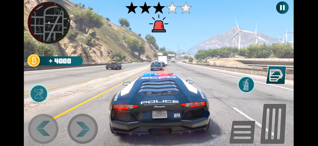 Go To Auto: Start big stories - Third person view of a police sports car driving on an open highway in the mobile game Go To Auto