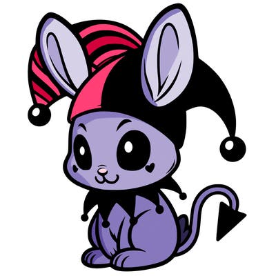 a rabbit purple eyes, a devil-like tail and wears a black jester's hat with pointed ears.