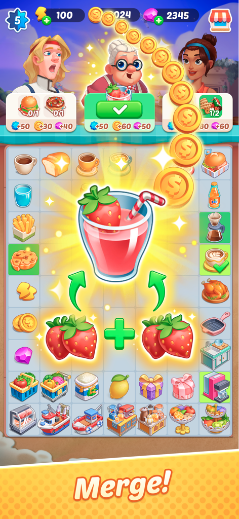 Gossip Street: Merge & Cook - Two strawberries merging into a drink to fulfill a customer order in Gossip Street