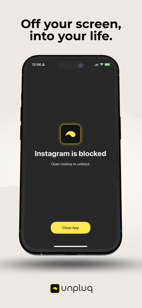 Pantalla de smartphone que muestra la aplicación Unpluq bloqueando Instagram para reducir el tiempo de pantalla con el texto De tu pantalla a tu vida