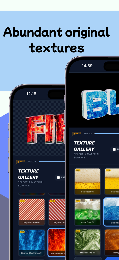 3D Text Lab - 3D Logo Maker - Texture gallery interface in 3D Text Lab showing original materials like flames and liquid textures for logo design
