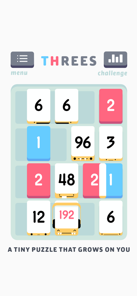 Threes! - Minimalistischer Gameplay-Bildschirm von Threes, der ein Raster aus bunten nummerierten Kacheln mit ausdrucksstarken Gesichtern zeigt.