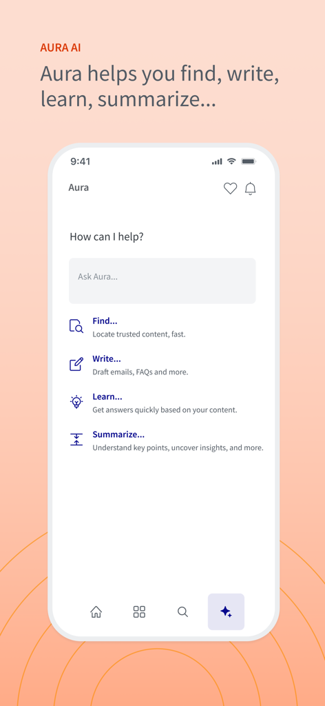 Aura AI assistant interface in the Seismic Software app showing options to find write learn and summarize sales content