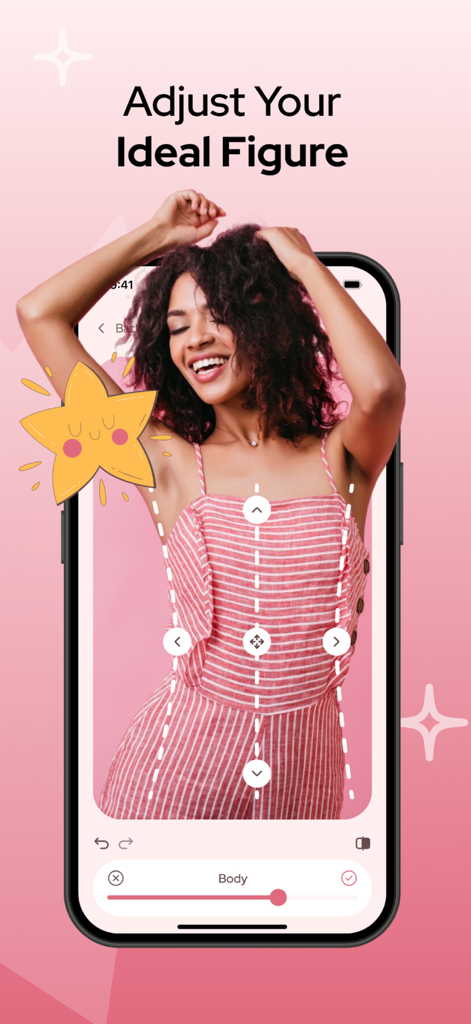 Face & Body App: Photo Editor - Interfaz de aplicación móvil que muestra a una mujer ajustando su figura utilizando herramientas de remodelación corporal