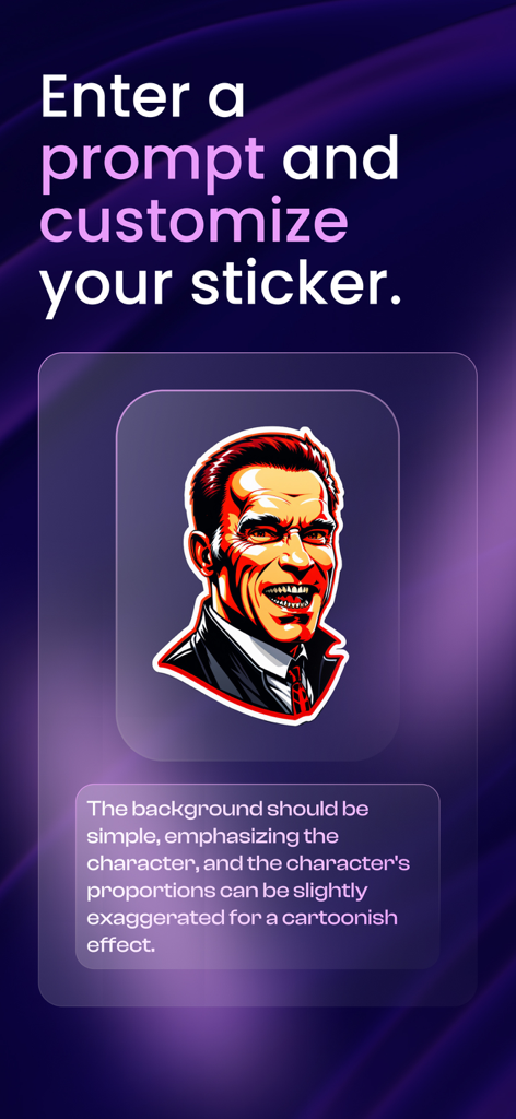 AI Sticker: Face Emoji Maker - Interface of AI Sticker app showing a text prompt used to generate a custom comic-style character sticker.