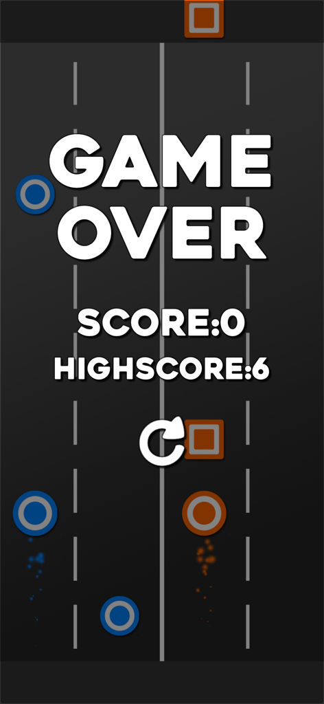 Pantalla de fin de juego que muestra la puntuación y la puntuación más alta en el juego arcade 2 Dots Avoid Squares