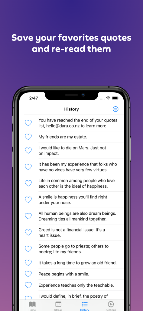 A list of saved motivational quotes in the history section of the Quotes Every Day mobile app