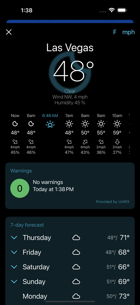 Interfaz de la aplicación Rain Alarm Pro mostrando el pronóstico del tiempo y la perspectiva de 7 días para Las Vegas