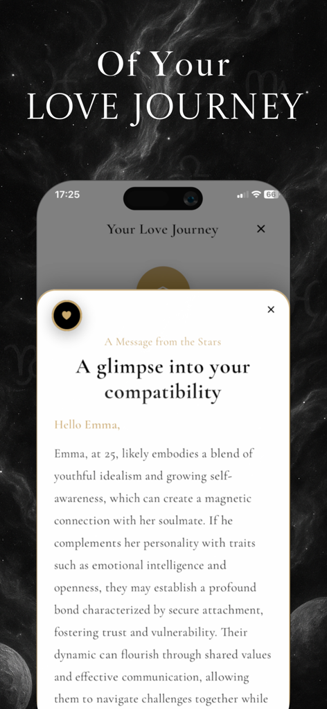 Uma mensagem personalizada de compatibilidade de alma gêmea no aplicativo Amora apresentando temas astrológicos e um fundo celestial.