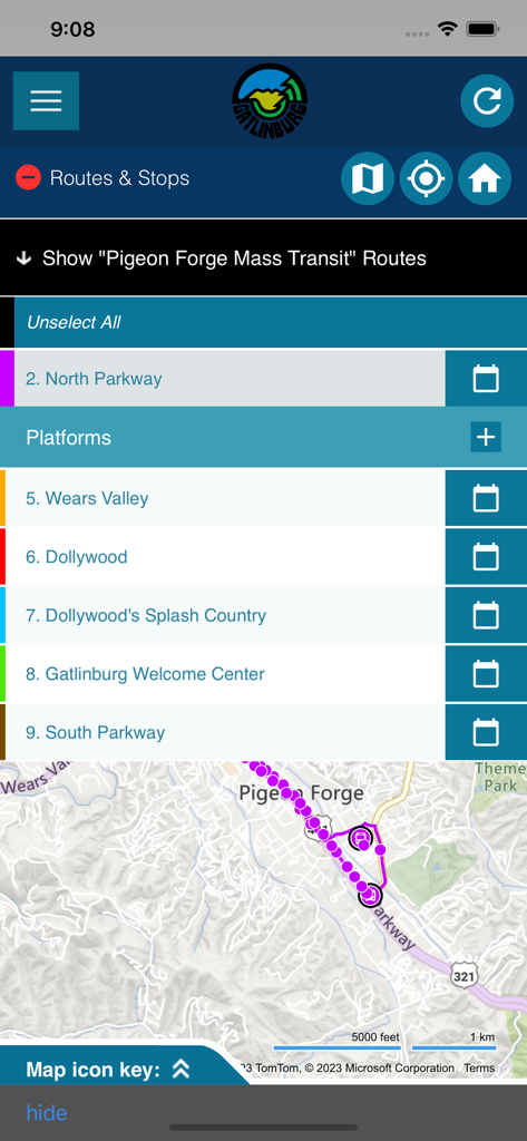 Gatlinburg Trolleys - Gatlinburg Trolleys app interface showing a list of transit routes and a real-time map view of Pigeon Forge