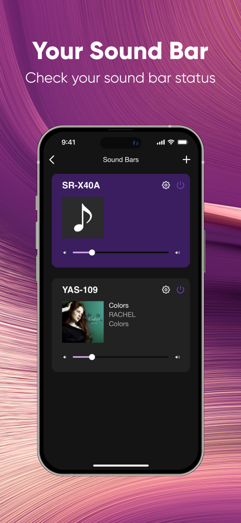 Sound Bar Controller - Yamaha Sound Bar Controller app interface showing connected soundbar devices and volume controls