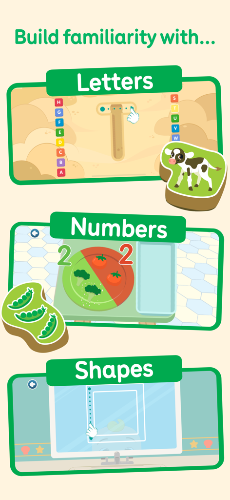 CoComelon: Learn ABCs and 123s - Pantalla de la aplicación CoComelon mostrando juegos educativos para aprender letras, números y formas