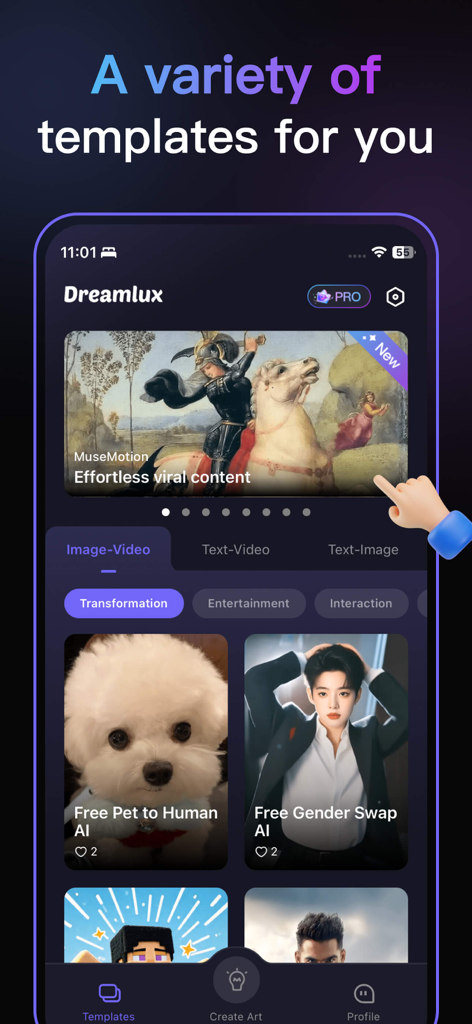 Dreamlux mobile app interface featuring various AI creative templates for video and image generation